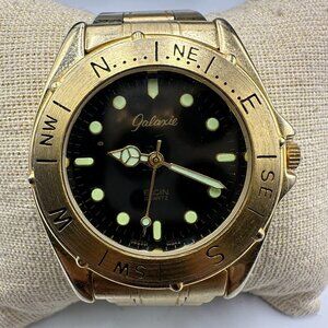 Galaxie by Elgin Watch Men Gold Tone Black Dial New Battery 7 Inch